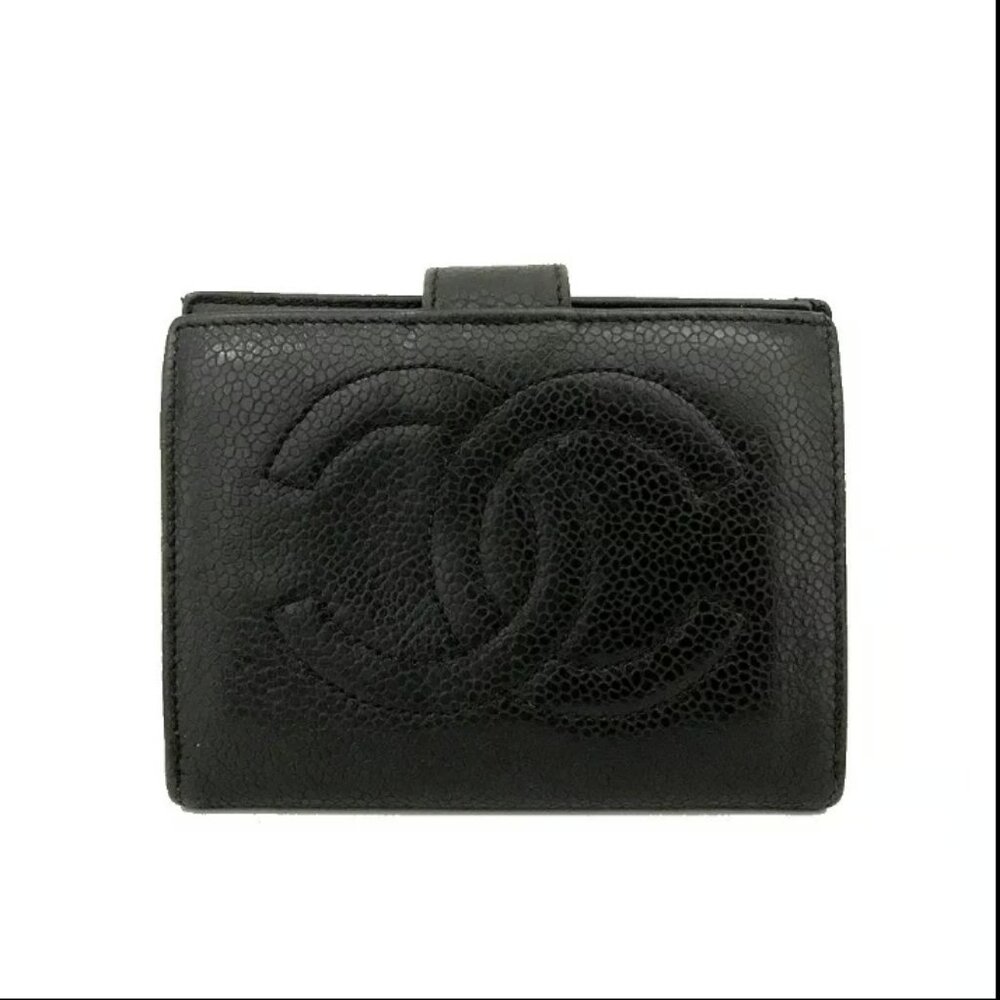 AUTHENTIC CHANEL BLACK CC LOGO CALF SKIN BIFOLD LEATHER WALLET